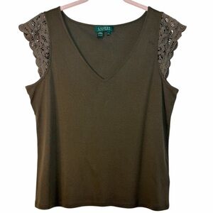 Lauren Ralph Lauren Olive Green Cotton Top with Crochet Trim Capped Sleeves